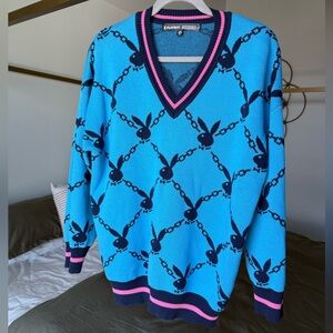 Missguided x Playboy Blue Long Sleeve Knit Sweater Y2K Academia Oversized Preppy